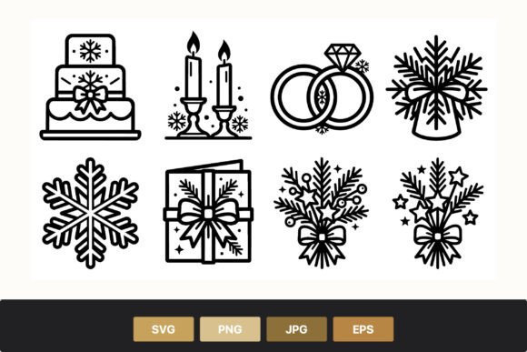 Elegant Winter Wedding Line Art Icons for Timeless Design