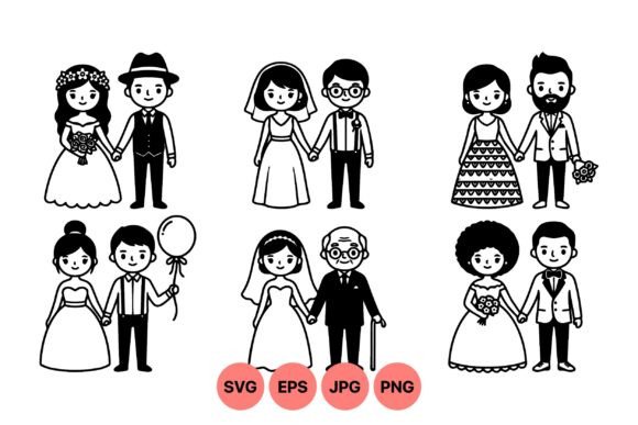 Six Joyful Wedding Couples: Your New Go-To Clipart Set